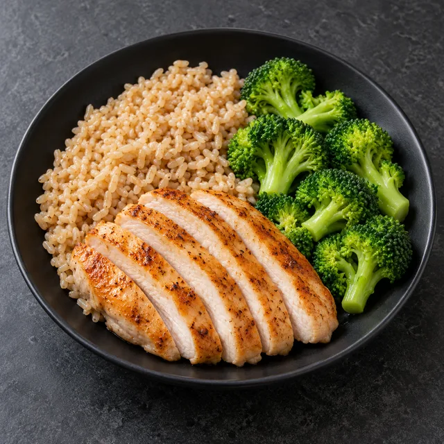 Illustrative serving of Chicken, Broccoli & Brown Whole Grain Rice