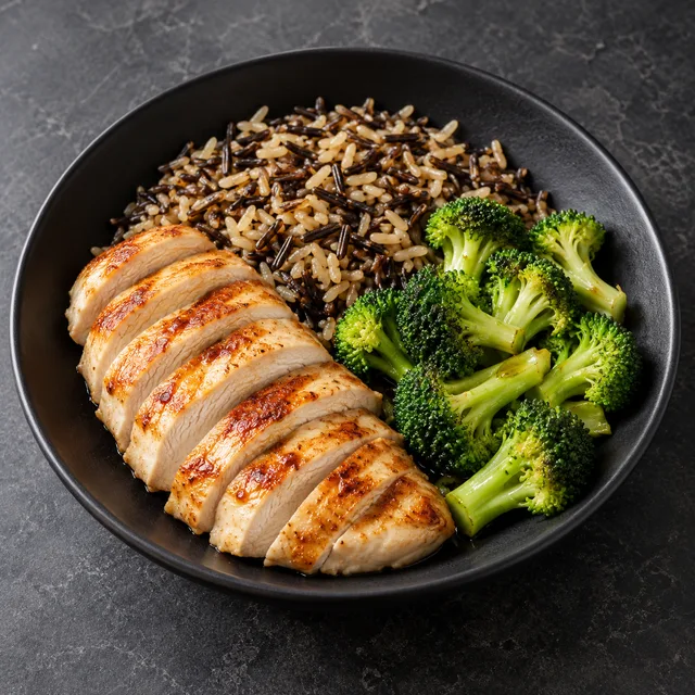 Illustrative serving of Chicken, Wild Whole Grain Rice & Broccoli Bowl