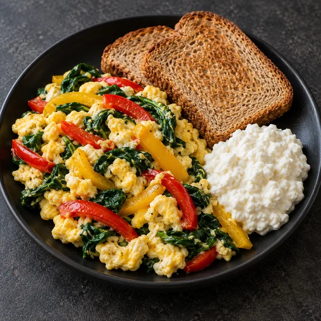 Illustrative serving of Eggs With Peppers, Greens & Toast