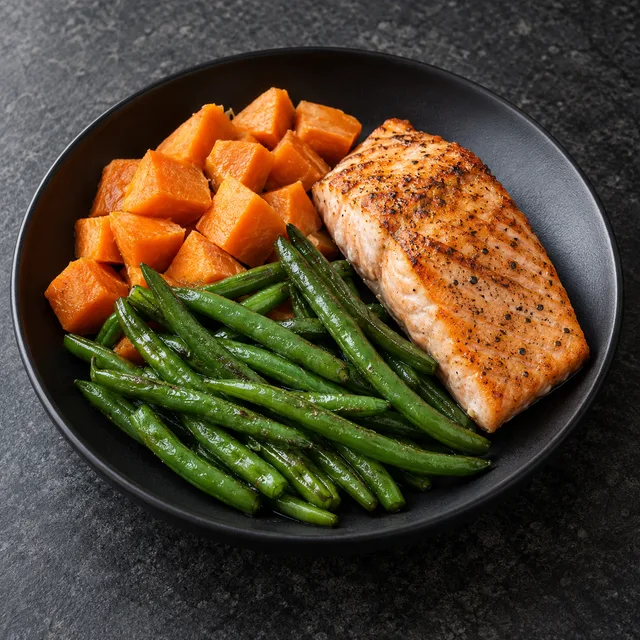 Illustrative serving of Fish With Sweet Potato & Green Beans