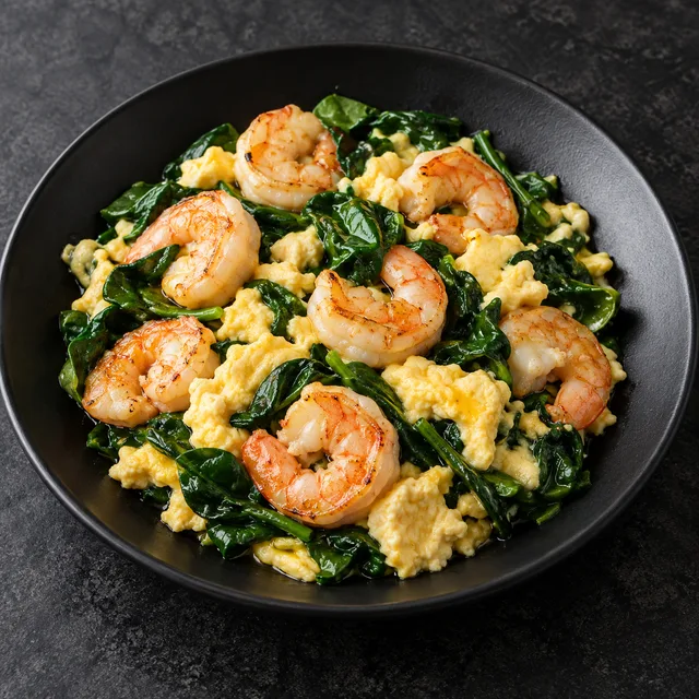 Illustrative serving of Keto Eggs & Shrimp With Greens