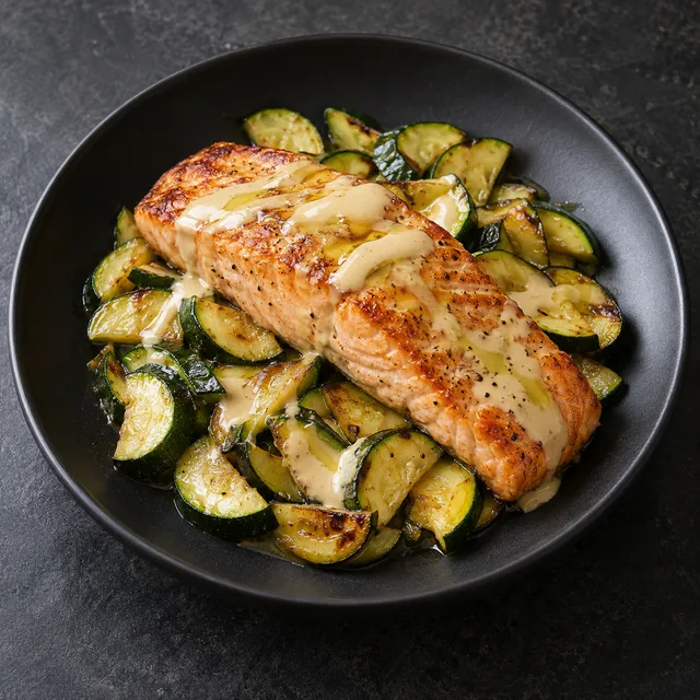 Illustrative serving of Keto Fish & Zucchini With Tahini