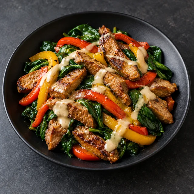 Illustrative serving of Keto Seitan, Peppers & Tahini Greens