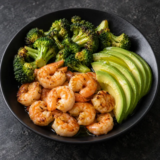 Illustrative serving of Keto Shrimp & Crucifers With Avocado