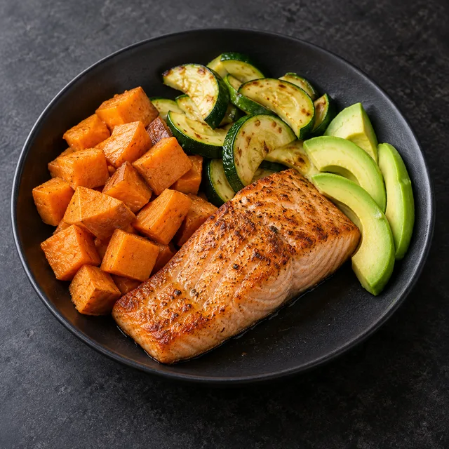 Illustrative serving of Pan-Seared Fish, Sweet Potato & Zucchini