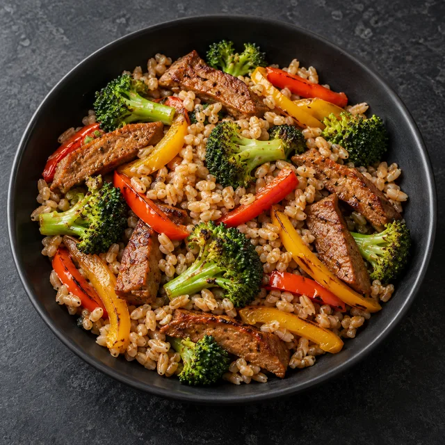 Illustrative serving of Seitan & Farro Power Bowl