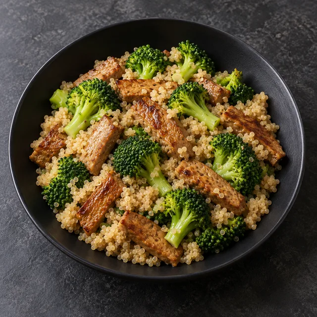 Illustrative serving of Seitan & Quinoa With Broccoli