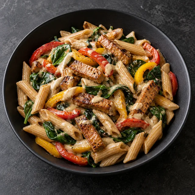 Illustrative serving of Seitan & Whole Grain Pasta With Tahini Peppers