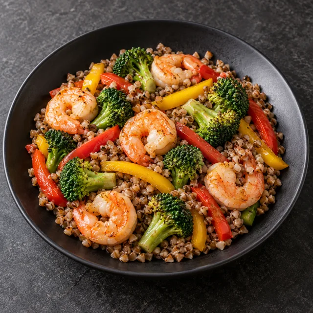 Illustrative serving of Shrimp & Buckwheat Stir-Fry