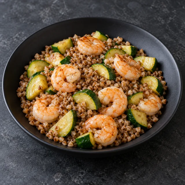 Illustrative serving of Shrimp, Buckwheat & Zucchini Skillet
