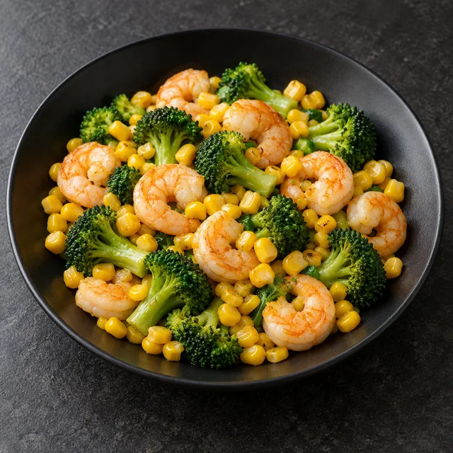 Illustrative serving of Shrimp, Corn & Broccoli Sauté