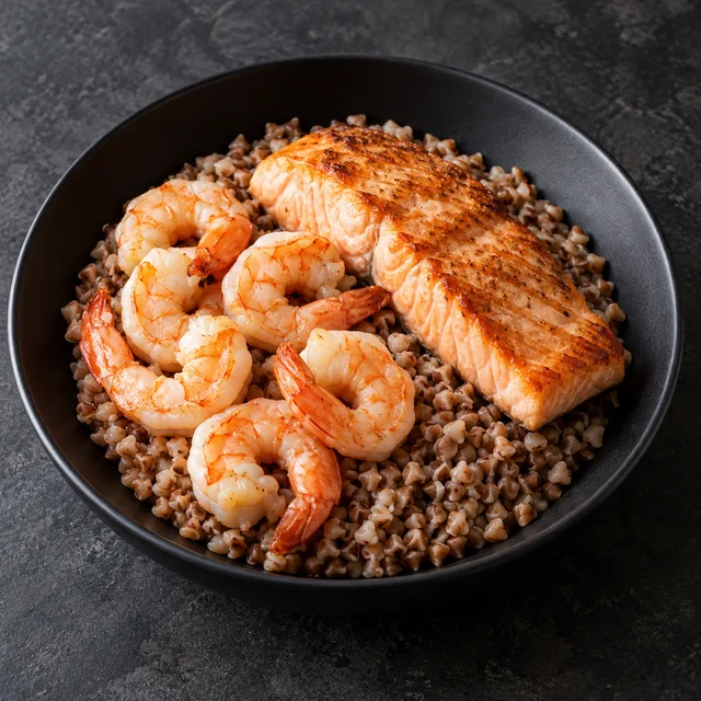 Illustrative serving of Shrimp & Fish With Buckwheat