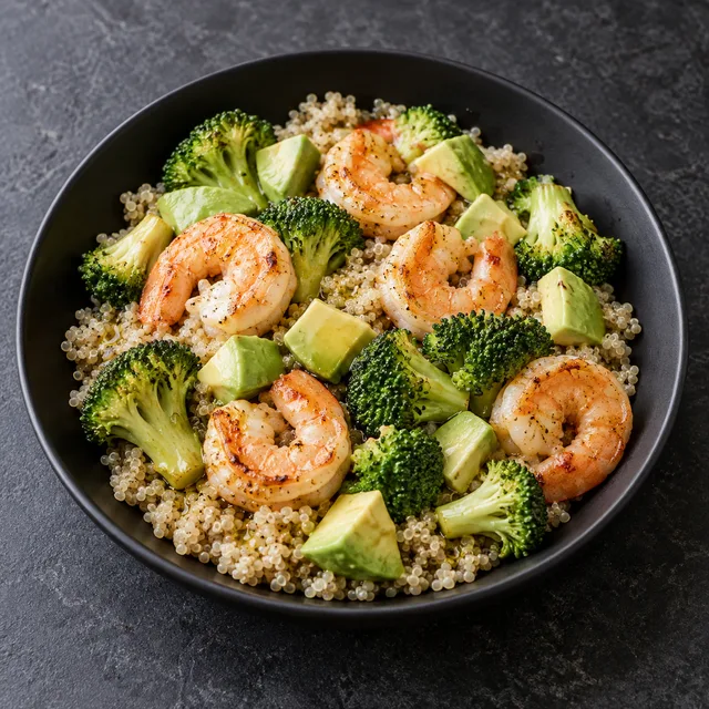 Illustrative serving of Shrimp & Quinoa With Crucifers & Avocado