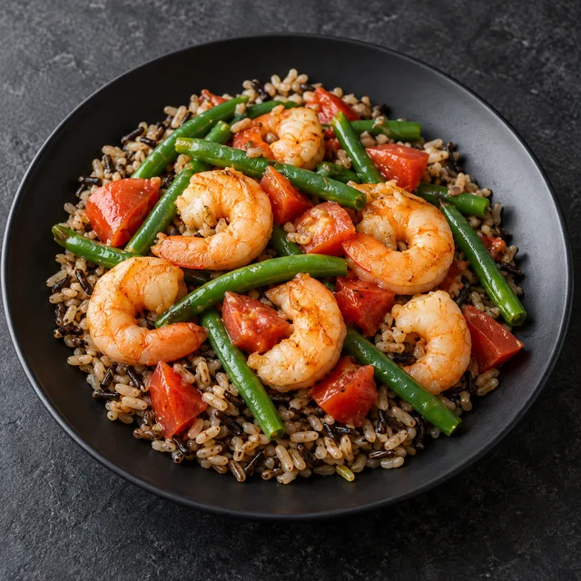 Illustrative serving of Shrimp With Wild Whole Grain Rice & Green Beans