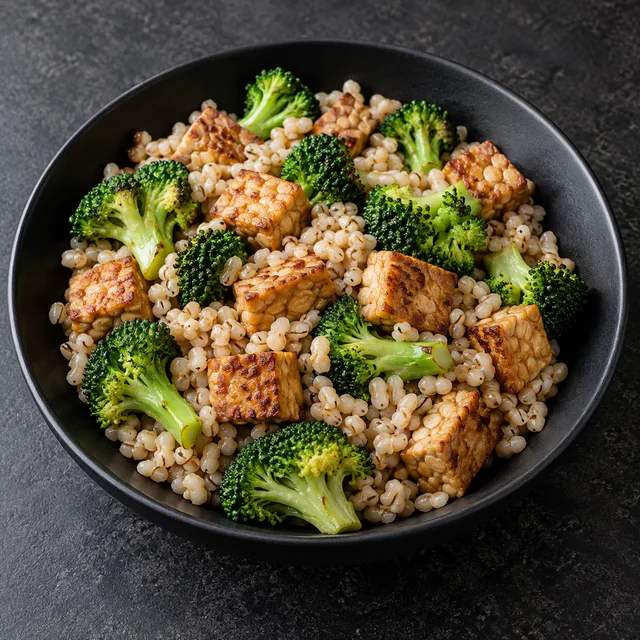 Illustrative serving of Tempeh, Barley & Broccoli Bowl