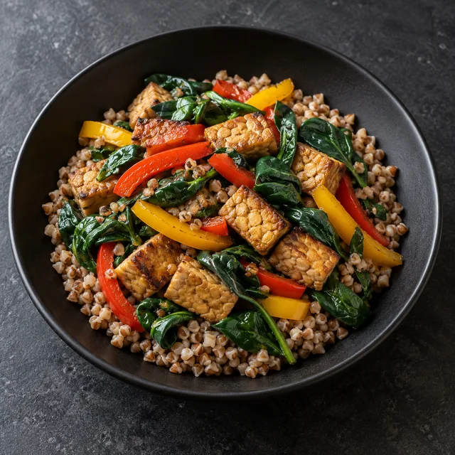 Illustrative serving of Tempeh Buckwheat Stir-Fry
