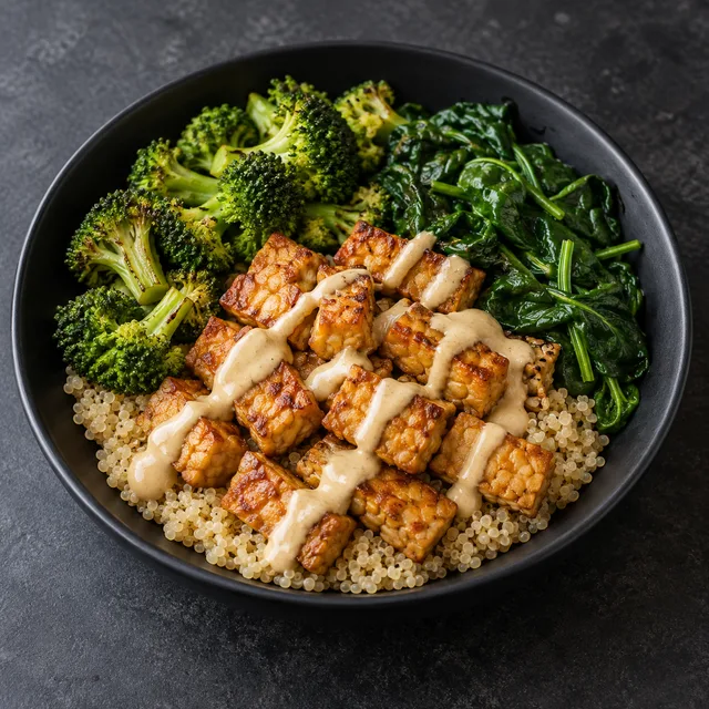 Illustrative serving of Tempeh Quinoa Tahini Bowl