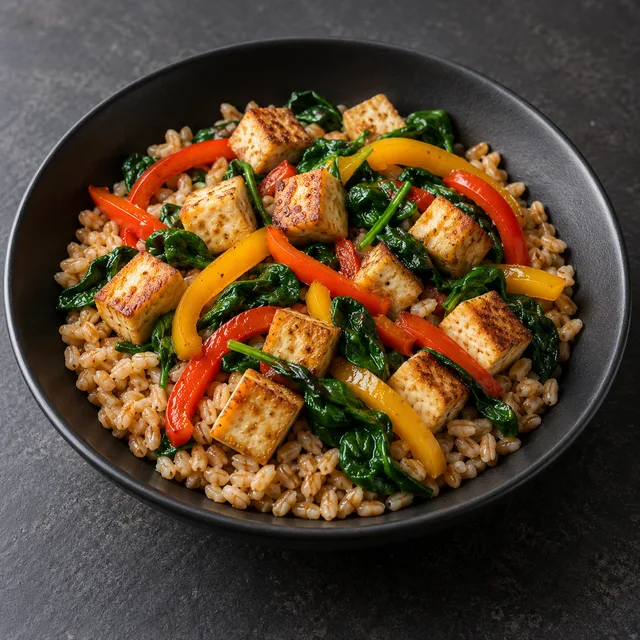 Illustrative serving of Tofu Farro Bowl With Greens & Peppers