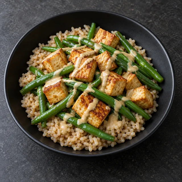 Illustrative serving of Tofu With Brown Whole Grain Rice & Green Beans
