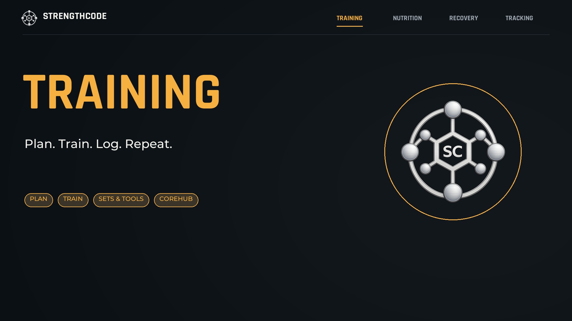 Training walkthrough showing session planning, exercise guidance, set logging, and CoreHub